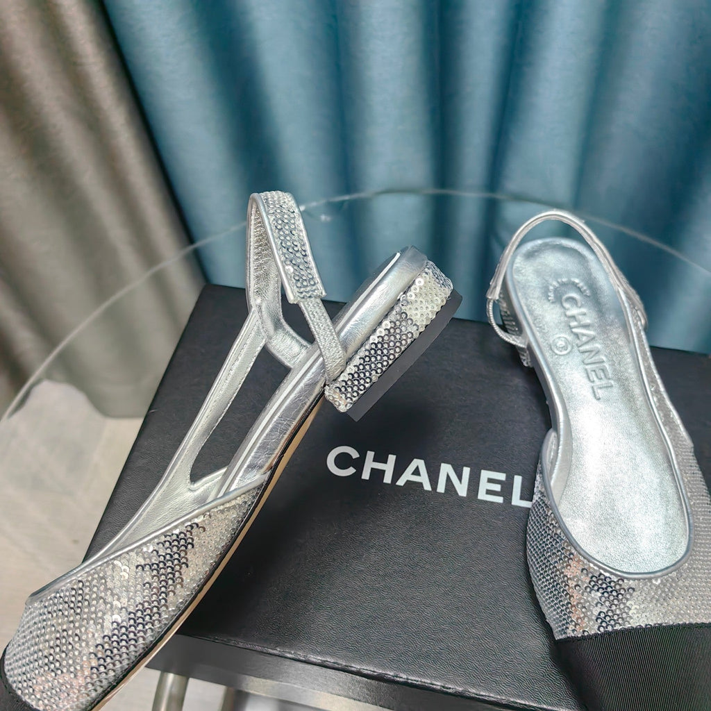 CHANEL SLINGBACKS IN GLITTER SILVER LAMBSKIN