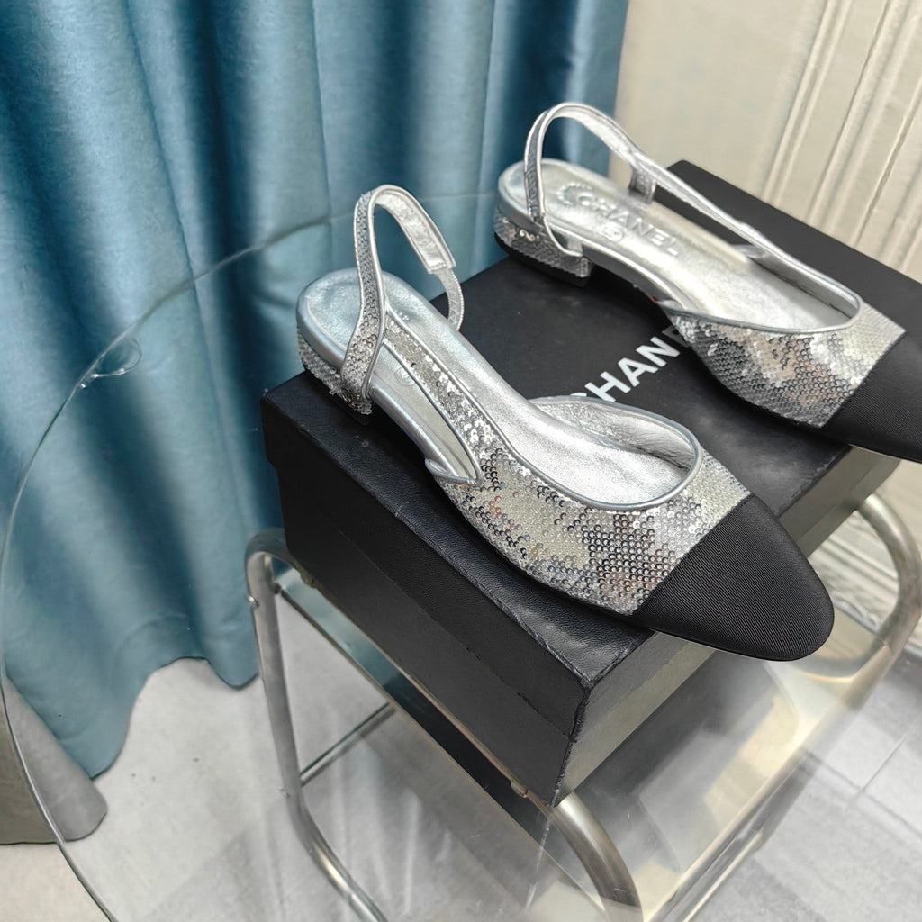CHANEL SLINGBACKS IN GLITTER SILVER LAMBSKIN