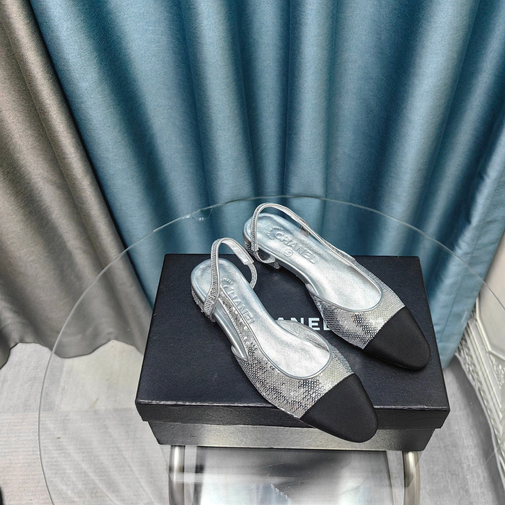 CHANEL SLINGBACKS IN GLITTER SILVER LAMBSKIN