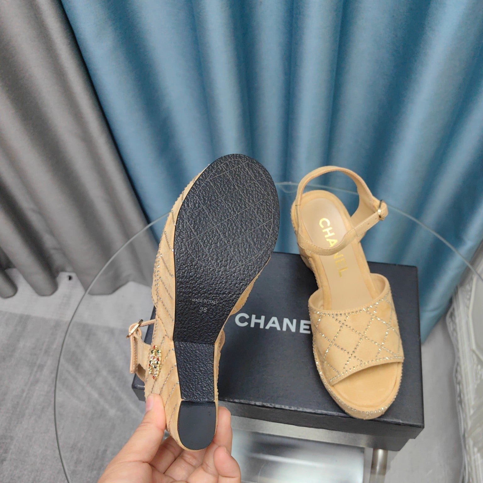 CHANEL THICK-SOLED WEDGE SANDALS IN BEIGE CREAM SUEDE