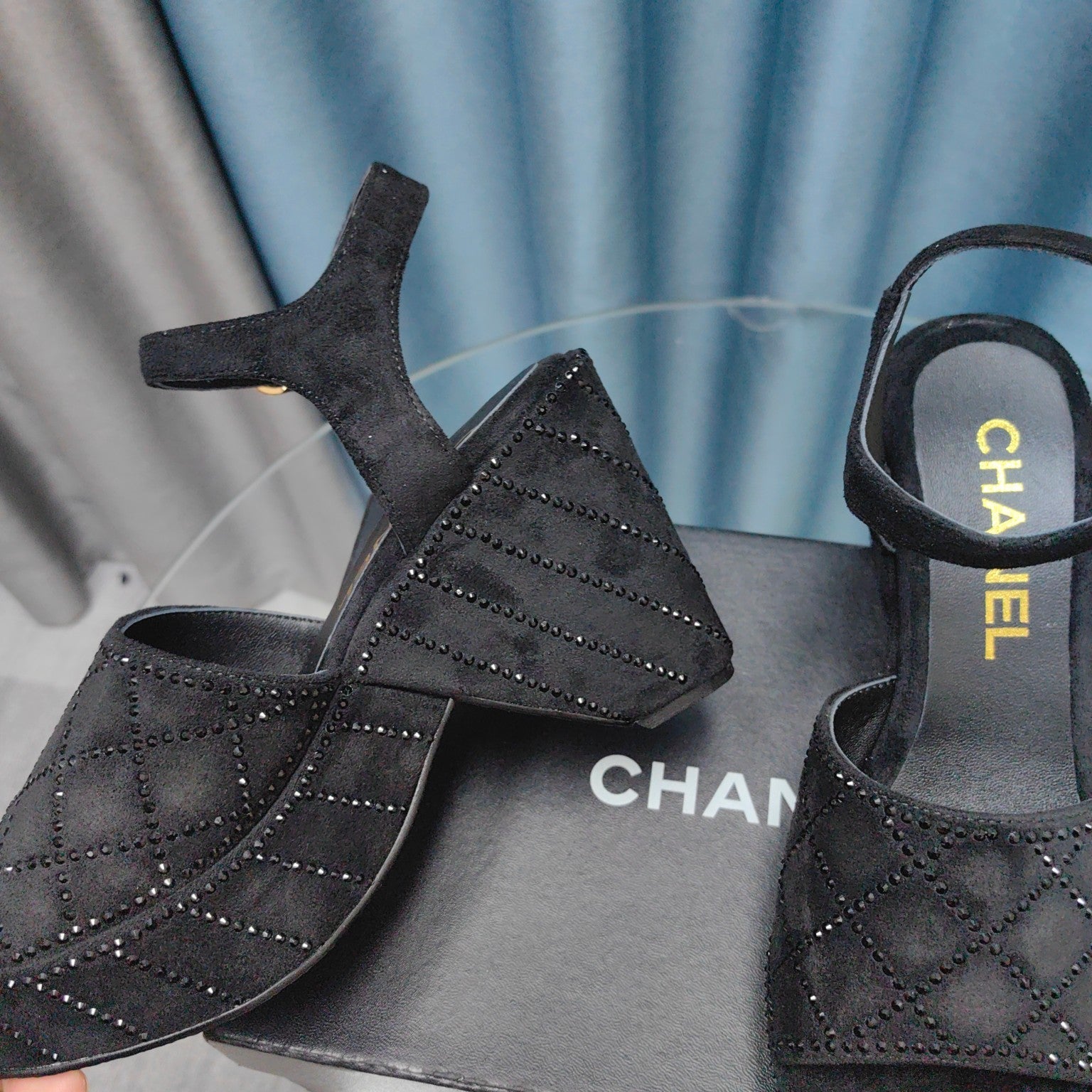 CHANEL THICK-SOLED WEDGE SANDALS IN BLACK SUEDE