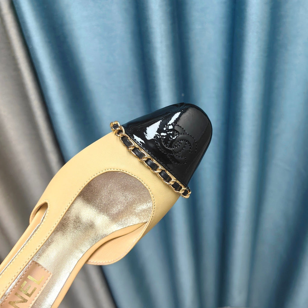CHANEL HIGH SLINGBACKS IN DARK CREAM MIX BLACK LAMBSKIN