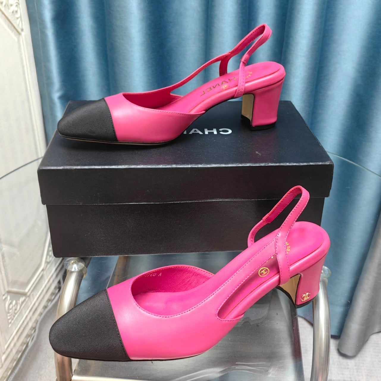 CHANEL HIGH SLINGBACKS IN BARBIE PINK MIX BLACK LAMBSKIN