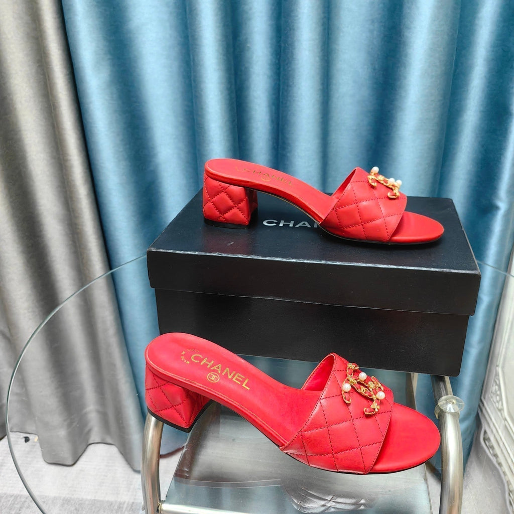 CHANEL MULE SLIDE SANDAL IN CHERRY RED LAMBSKIN