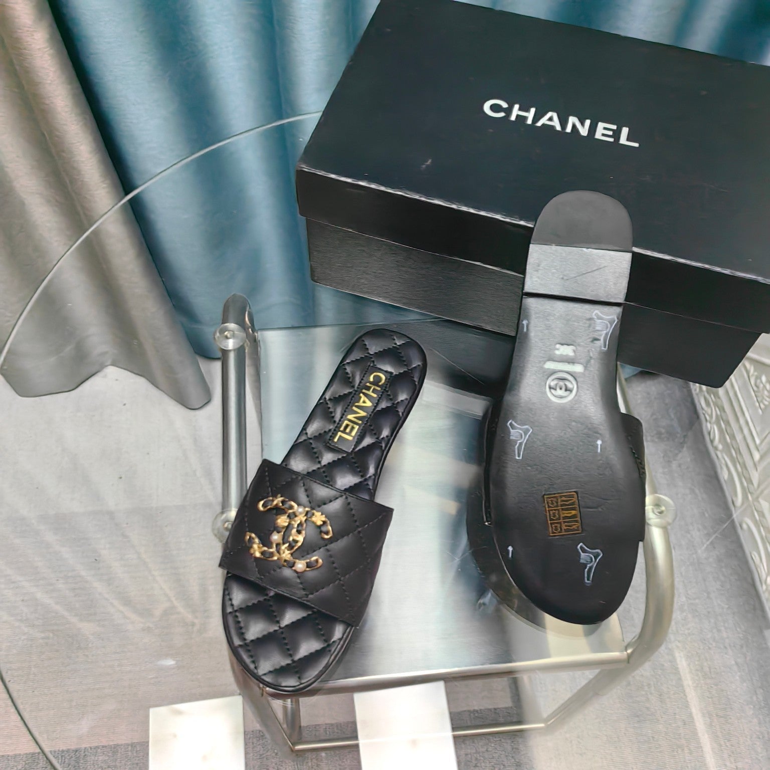 CHANEL QUILTED SLIPPERS BLACK SHEEPSKIN