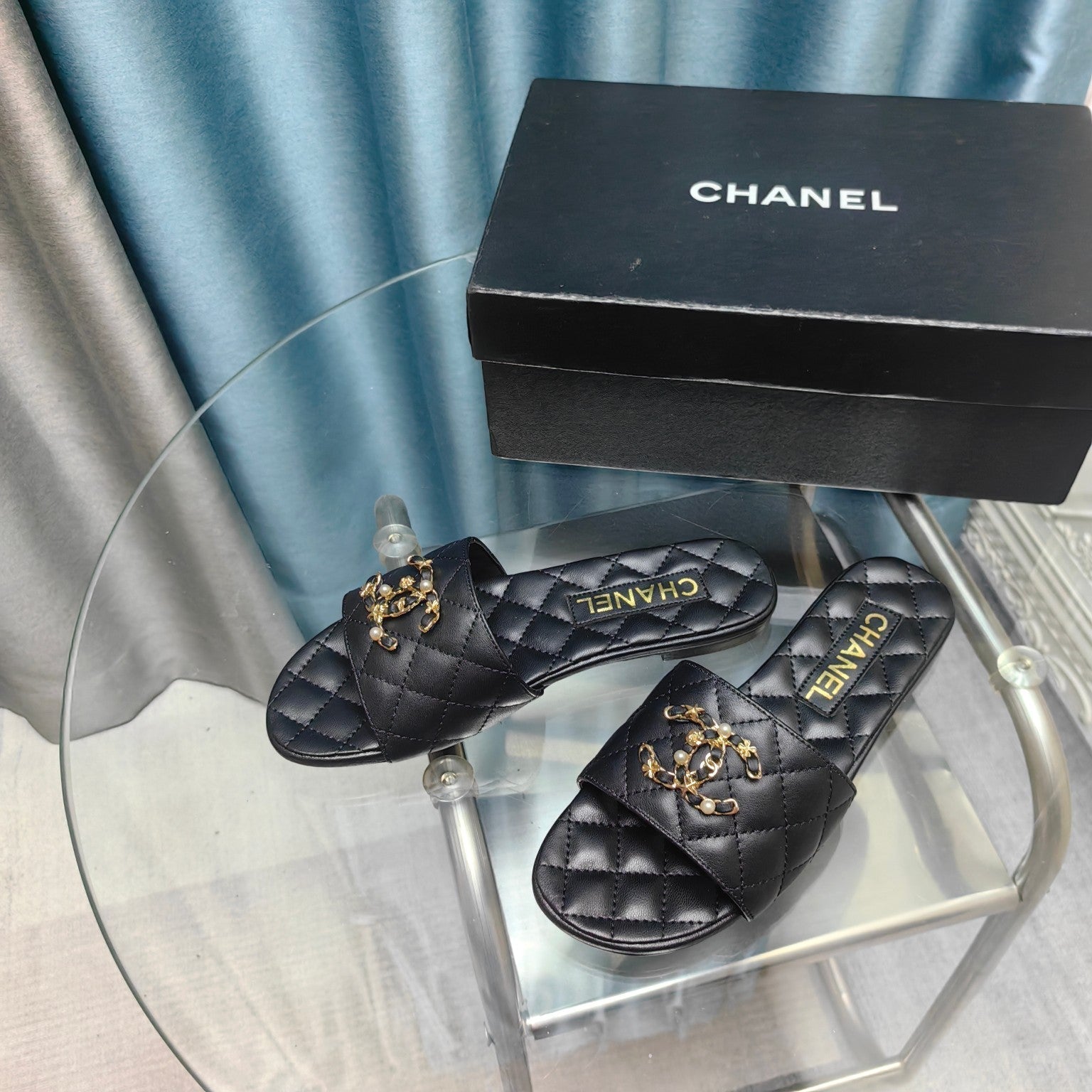 CHANEL QUILTED SLIPPERS BLACK SHEEPSKIN