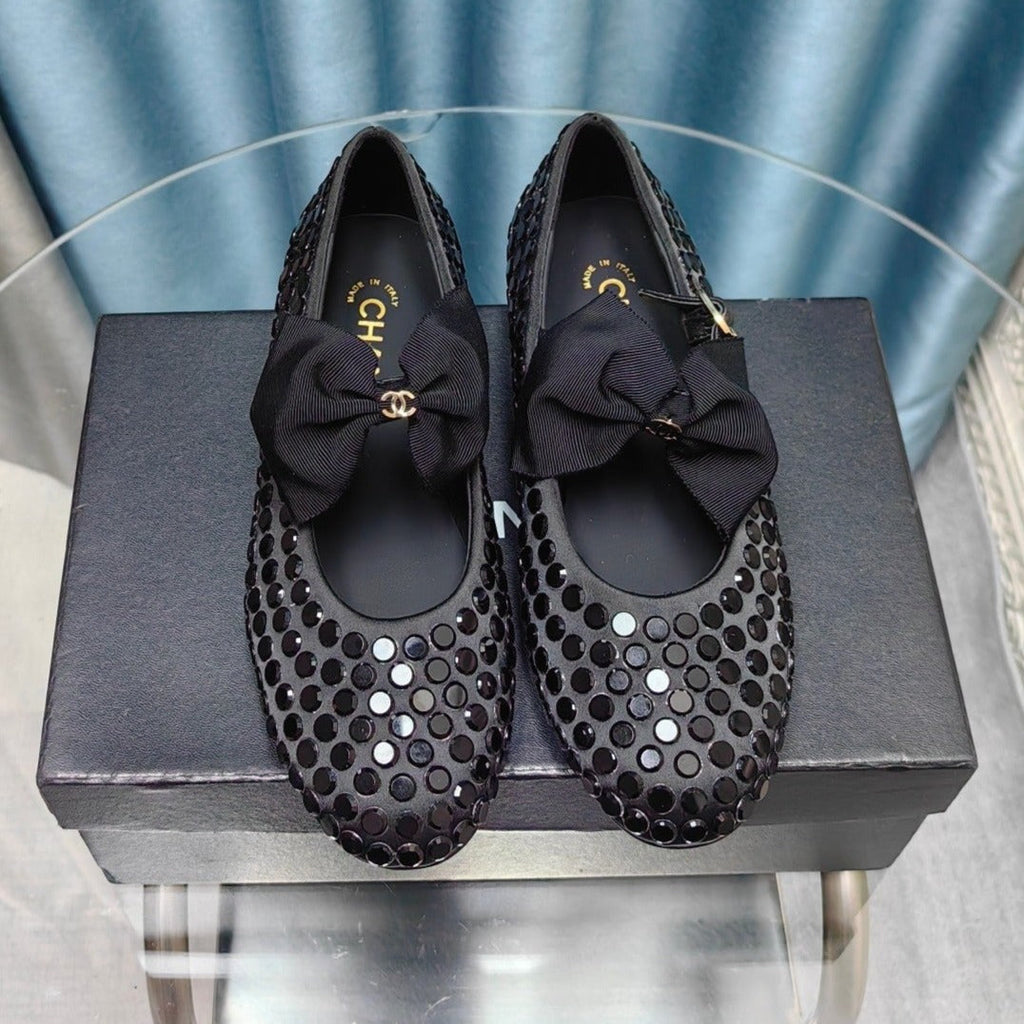 CHANEL MARY JANE BOW RHINESTONE BLACK SILK