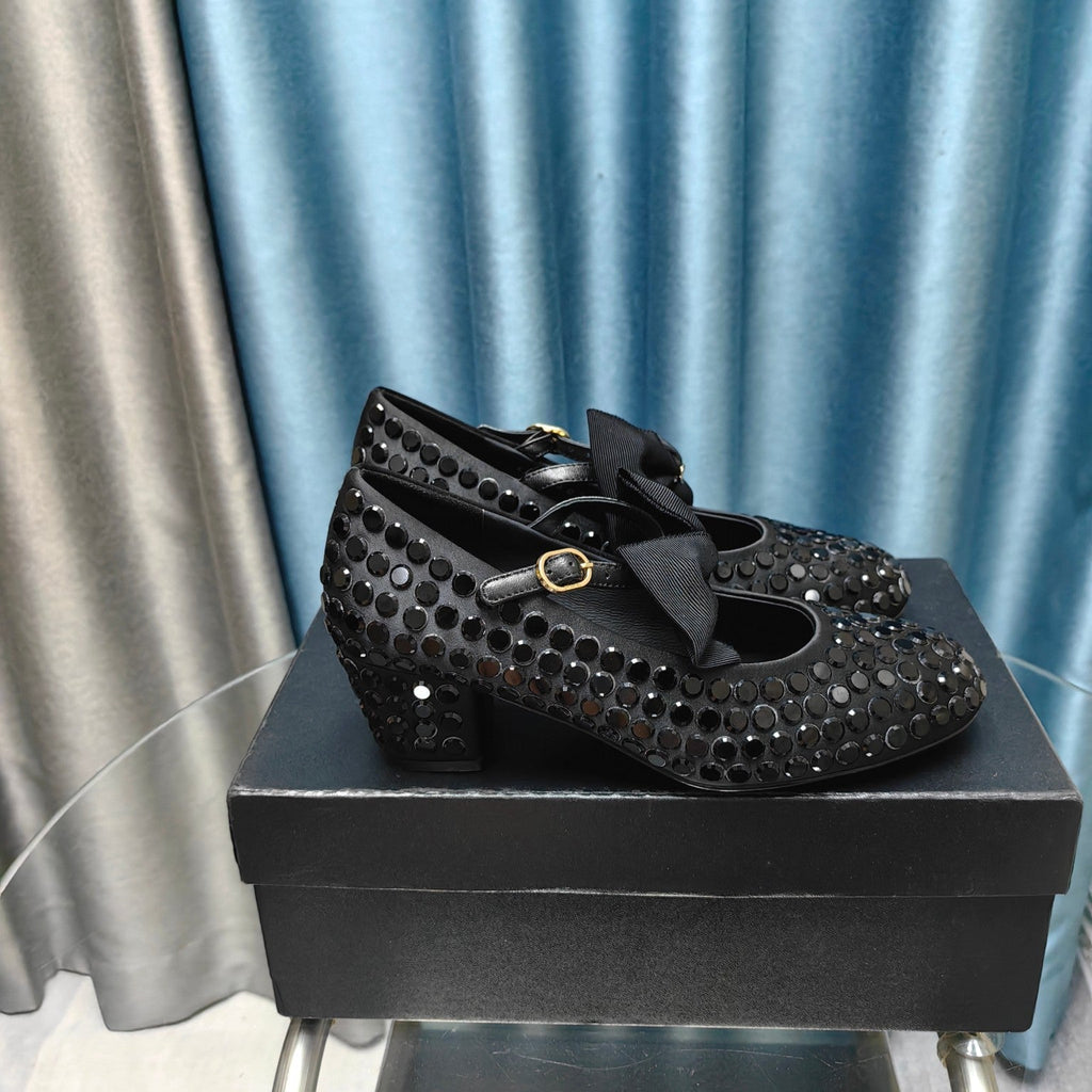 CHANEL HIGH MARY JANE BOW RHINESTONE BLACK SILK
