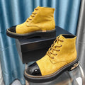 CHANEL SHORT BOOTS IN GOLD YELLOW SUEDE AND BLACK SHEEPSKIN