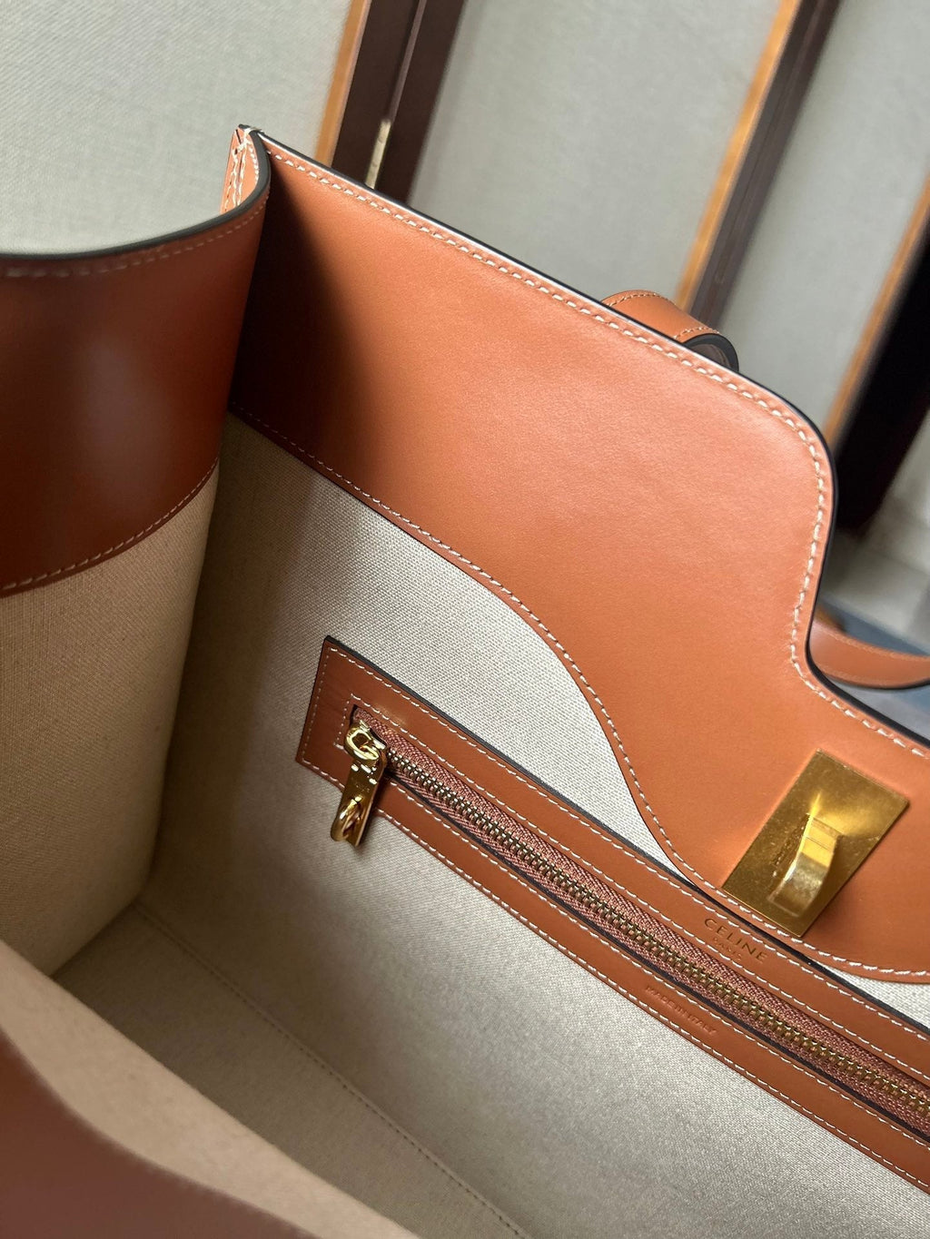 CELINE CABAS 37 IN WHITE CANVAS AND BRONZE BROWN CALFSKIN TRIM GOLD LOCK