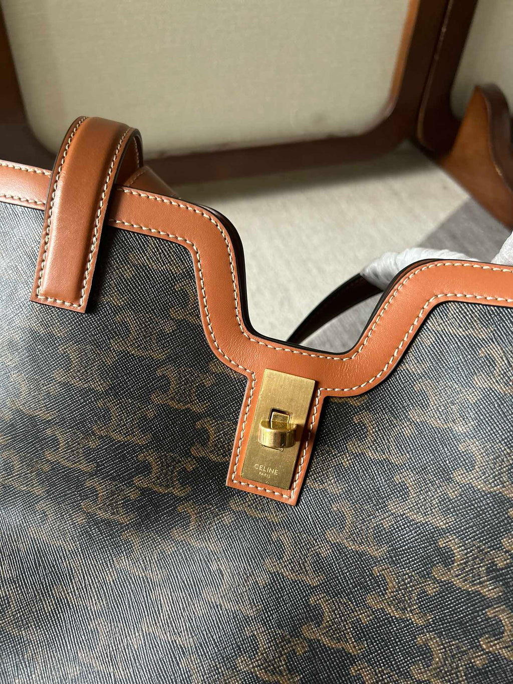 CELINE CABAS 37 IN BLACK TRIOMPHE CANVAS AND BRONZE BROWN CALFSKIN TRIM GOLD LOCK