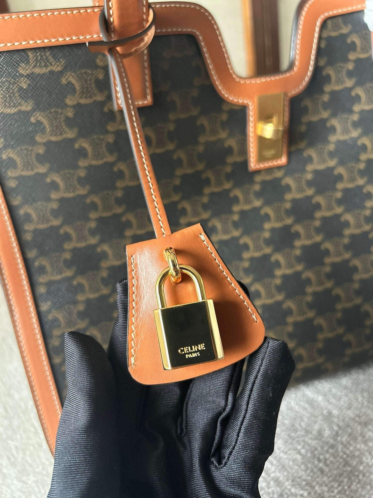 CELINE CABAS 37 IN BLACK TRIOMPHE CANVAS AND BRONZE BROWN CALFSKIN TRIM GOLD LOCK