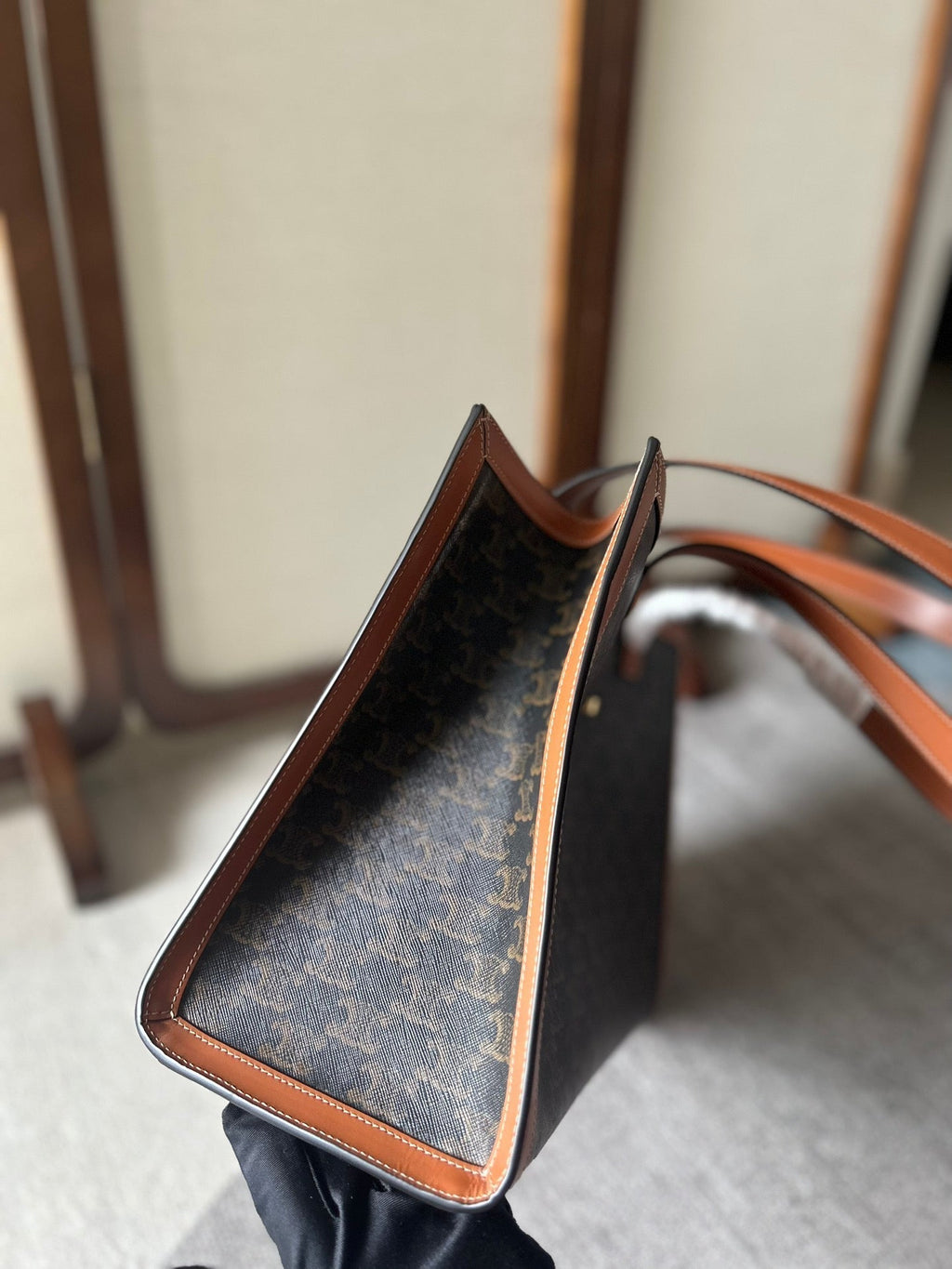 CELINE CABAS 37 IN BLACK TRIOMPHE CANVAS AND BRONZE BROWN CALFSKIN TRIM GOLD LOCK