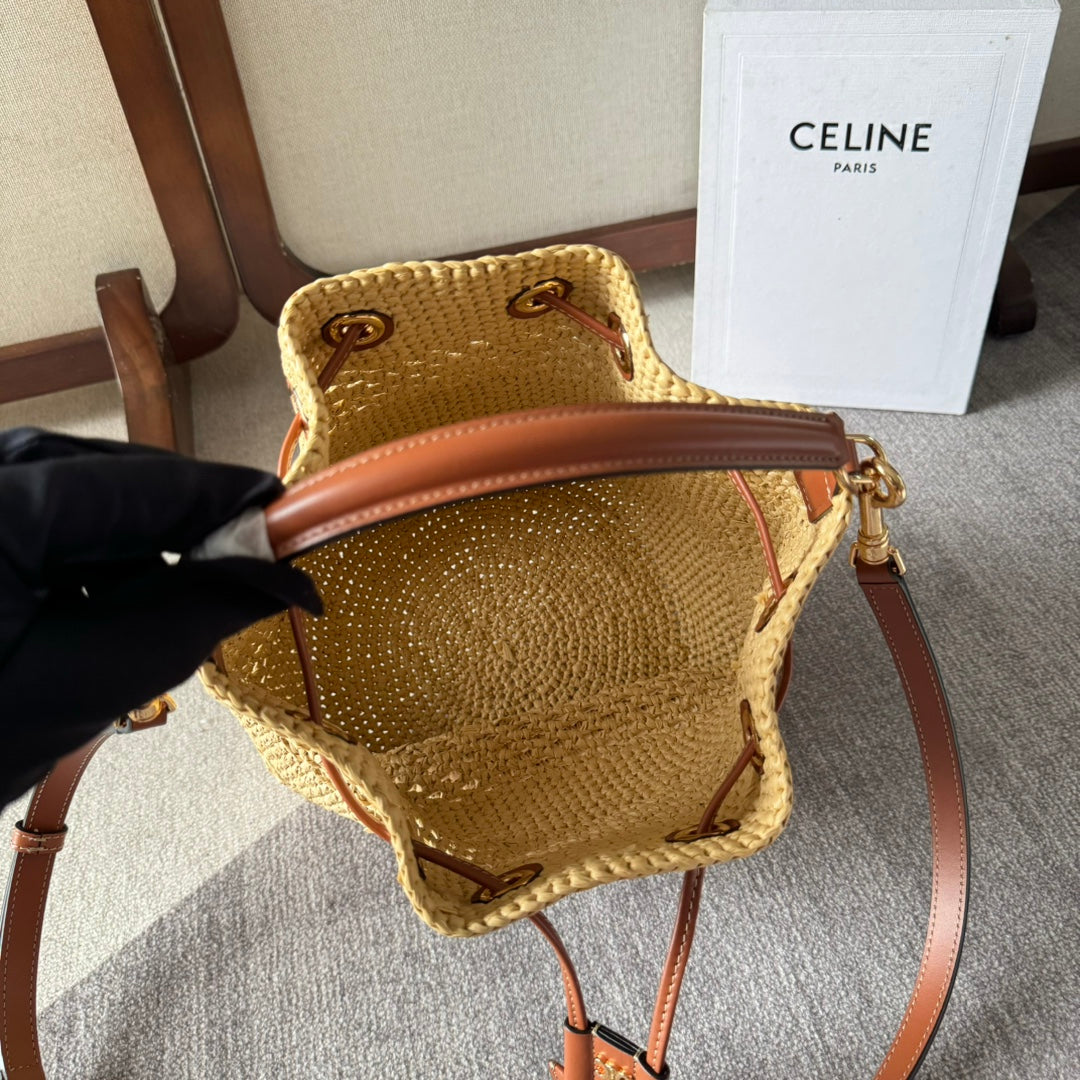 CELINE CLARA CLASSIC PANIER 25 IN BEIGE RAFFIA AND BROWN CALFSKIN