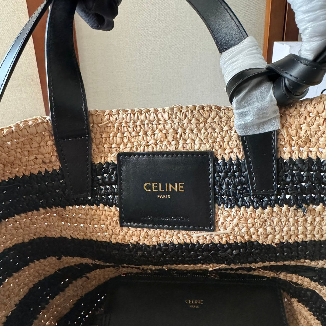 CELINE STRIPED COUFFIN CLASSIC PANIER 22 IN BEIGE AND BLACK RAFFIA AND CALFSKIN TRIM