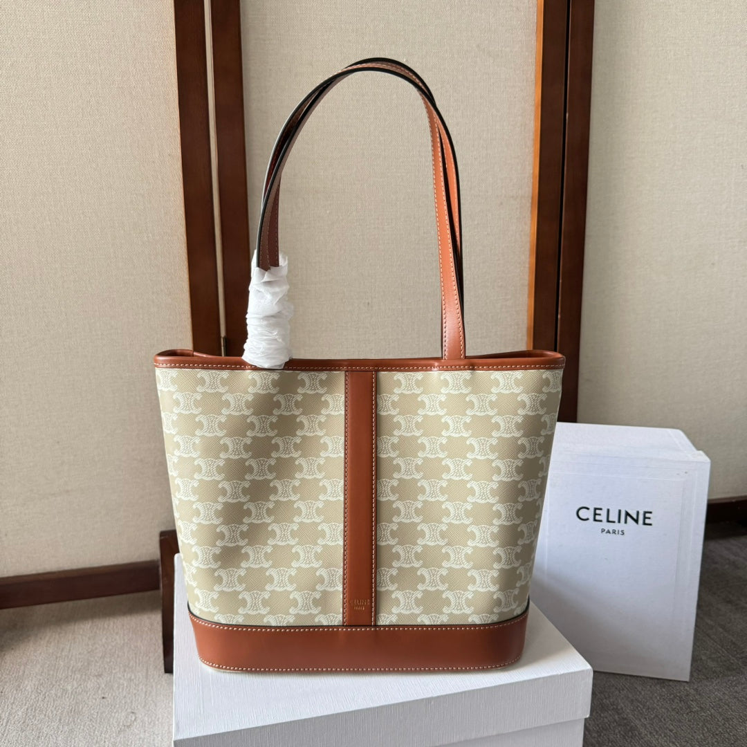CELINE TRIOMPHE CANVAS 26.5 IN PRINTED CALFSKIN BROWN WHITE