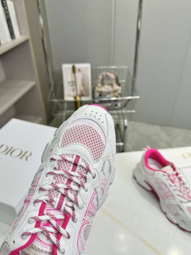 DIOR CD CHORONO SNEAKER IN WHITE AND PINK MESH