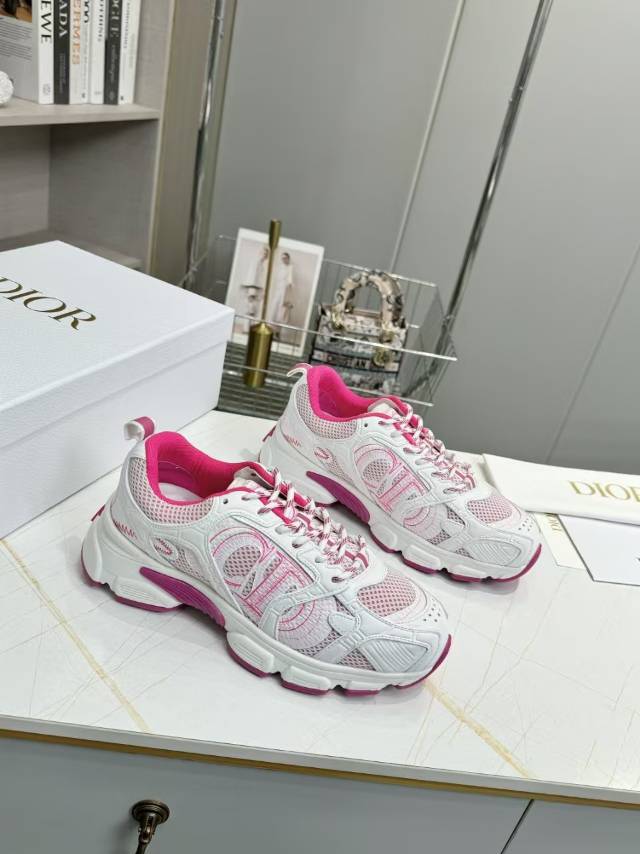 DIOR CD CHORONO SNEAKER IN WHITE AND PINK MESH