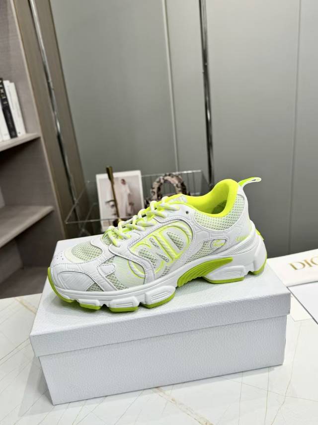 DIOR CD CHORONO SNEAKER IN WHITE AND LIGHT GREEN MESH
