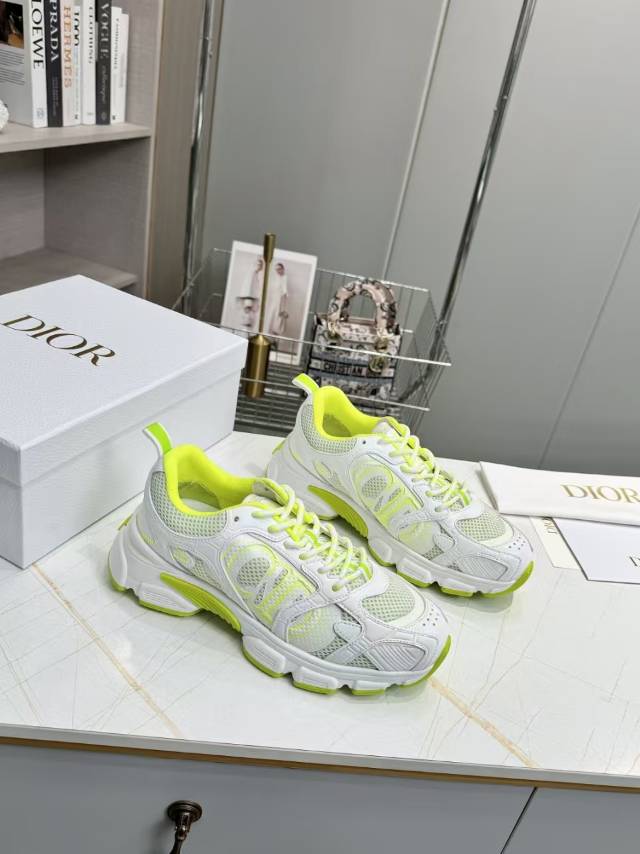 DIOR CD CHORONO SNEAKER IN WHITE AND LIGHT GREEN MESH