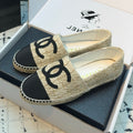 CHANEL ESPADRILLES LOAFERS IN BEIGE TWEED AND BLACK SATIN