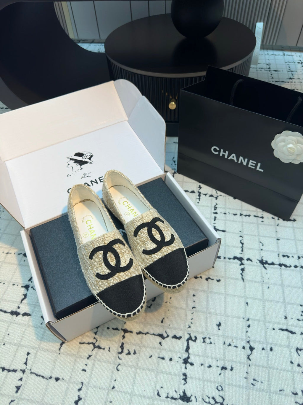 CHANEL ESPADRILLES LOAFERS IN BEIGE TWEED AND BLACK SATIN