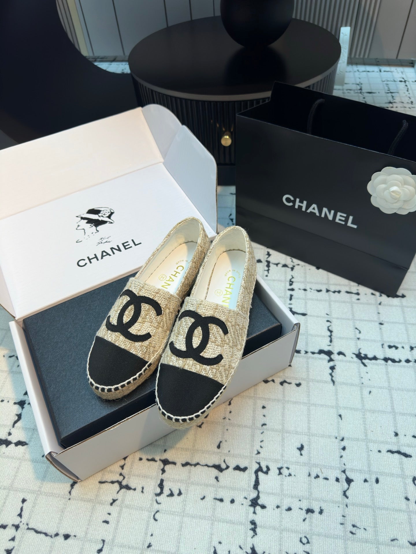 CHANEL ESPADRILLES LOAFERS IN BEIGE TWEED AND BLACK SATIN