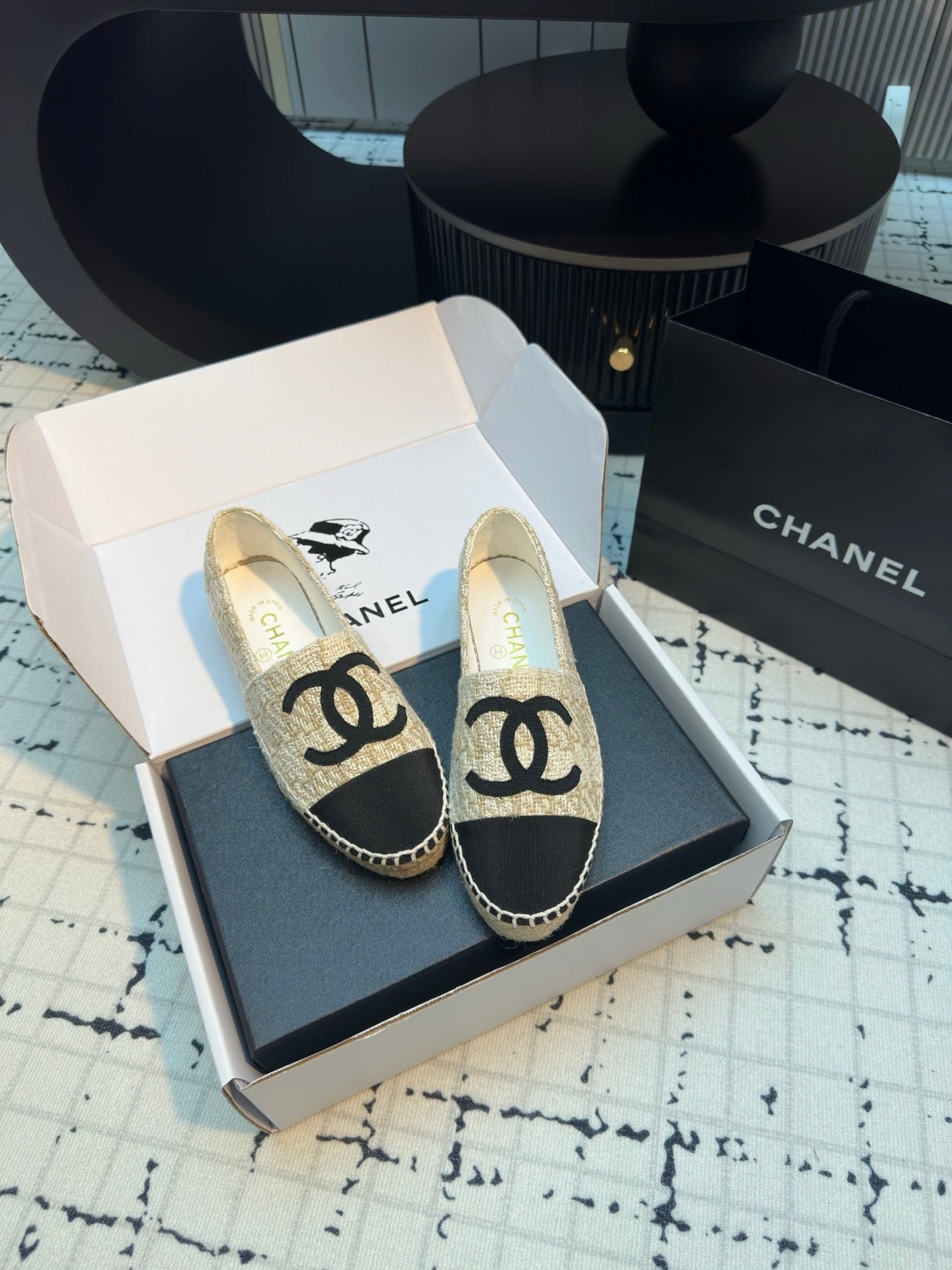 CHANEL ESPADRILLES LOAFERS IN BEIGE TWEED AND BLACK SATIN