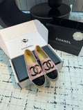 CHANEL ESPADRILLES LOAFERS IN LIGHT PINK TWEED AND BLACK LAMBSKIN