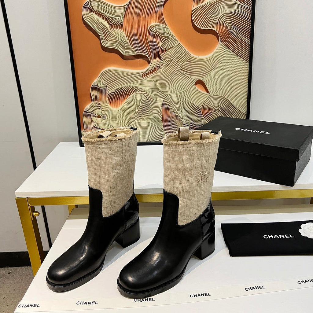CHANEL HIGH BOOTS 5.5 CM IN BLACK LAMBSKIN AND BEIGE FABRIC