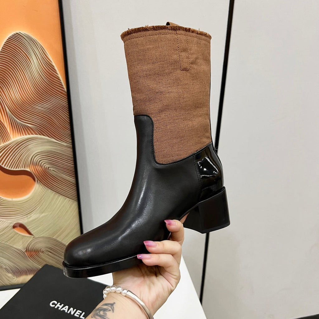 CHANEL HIGH BOOTS 5.5 CM IN BLACK LAMBSKIN AND CHOCOLATE BROWN FABRIC
