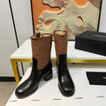 CHANEL HIGH BOOTS 5.5 CM IN BLACK LAMBSKIN AND CHOCOLATE BROWN FABRIC