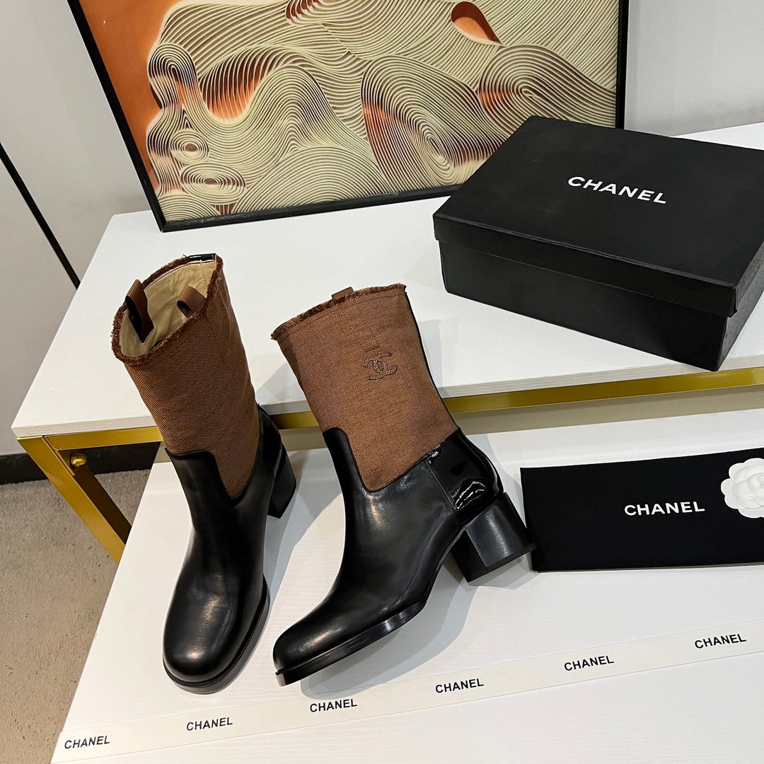 CHANEL HIGH BOOTS 5.5 CM IN BLACK LAMBSKIN AND CHOCOLATE BROWN FABRIC