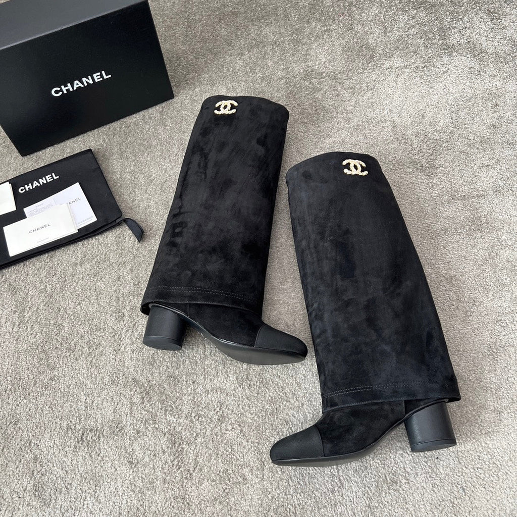 CHANEL 25S HIGH BOOTS 55MM IN BLACK SUEDE AND CANVAS GOLD HARDWARE