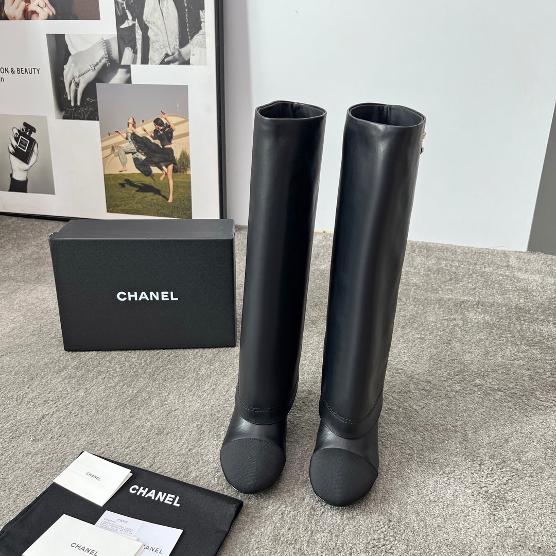 CHANEL 25S HIGH BOOTS 55MM IN BLACK CALFSKIN AND CANVAS GOLD HARDWARE