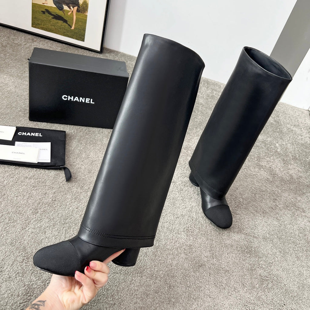 CHANEL 25S HIGH BOOTS 55MM IN BLACK CALFSKIN AND CANVAS GOLD HARDWARE