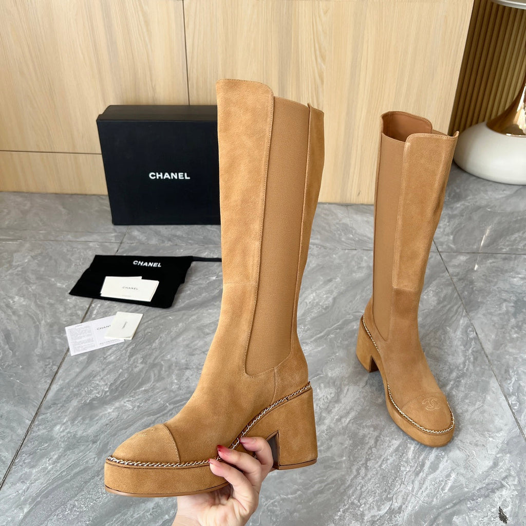 CHANEL 25S HIGH BOOTS STRETCHY SHAFT 85MM IN CARAMEL SUEDE GOLD HARDWARE