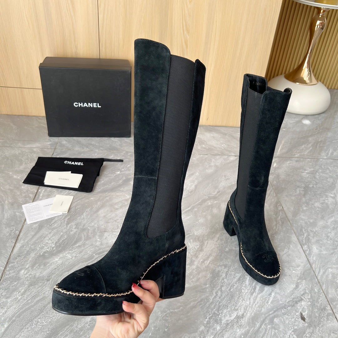 CHANEL 25S HIGH BOOTS STRETCHY SHAFT 85MM IN BLACK SUEDE GOLD HARDWARE