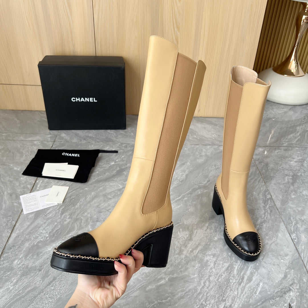 CHANEL 25S HIGH BOOTS STRETCHY SHAFT 85MM IN LIGHT BROWN CALFSKIN GOLD HARDWARE