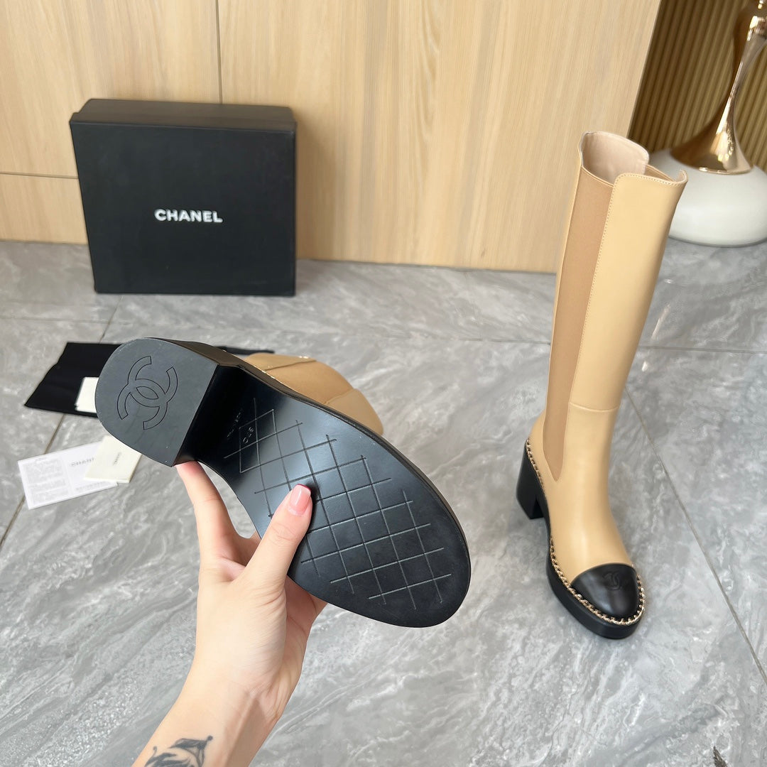 CHANEL 25S HIGH BOOTS STRETCHY SHAFT 85MM IN LIGHT BROWN CALFSKIN GOLD HARDWARE