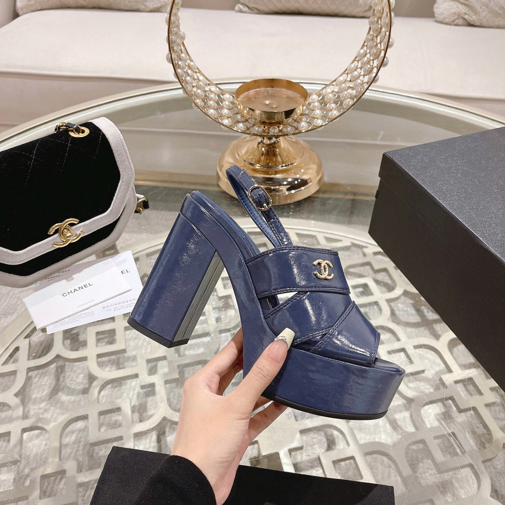 CHANEL sandals blue patent crumpled lambskin