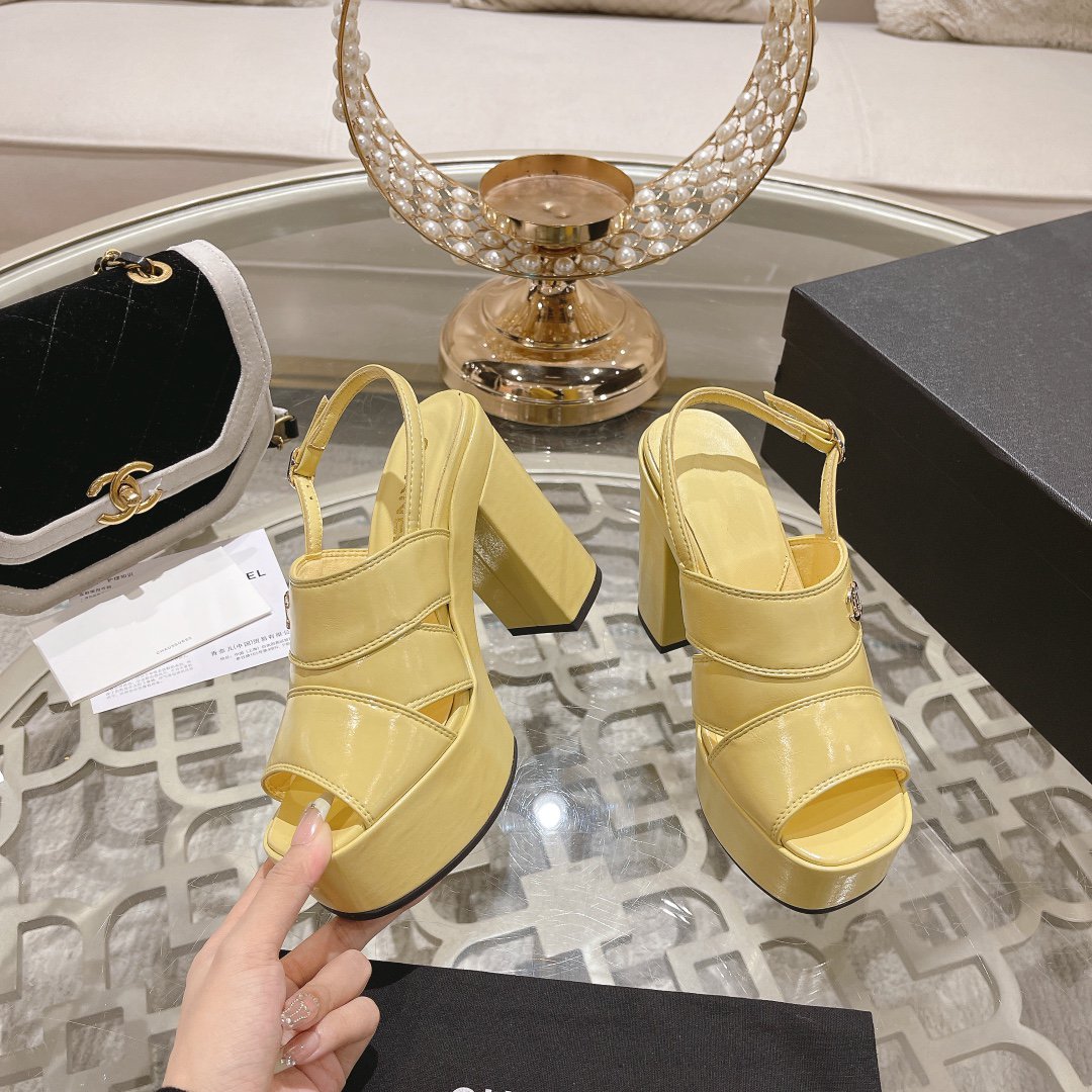 CHANEL sandals yellow patent crumpled lambskin