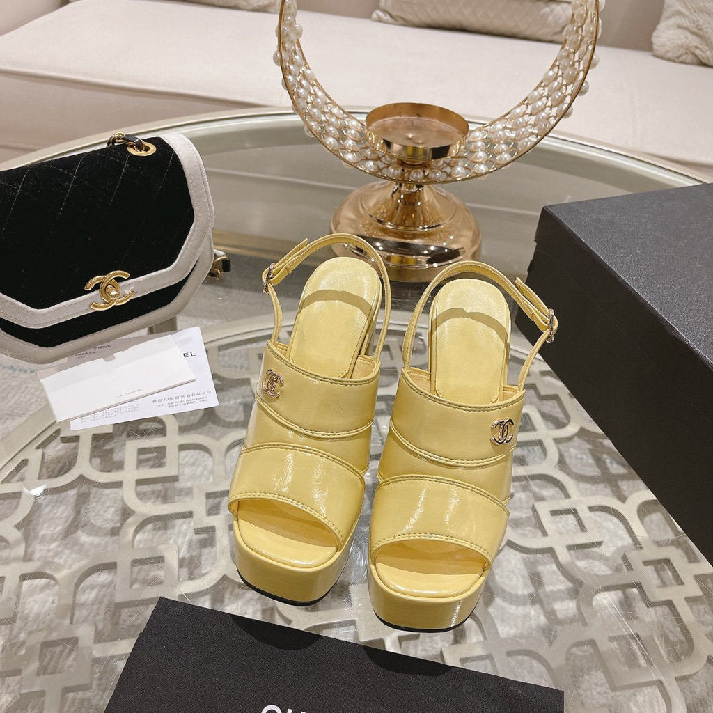 CHANEL sandals yellow patent crumpled lambskin