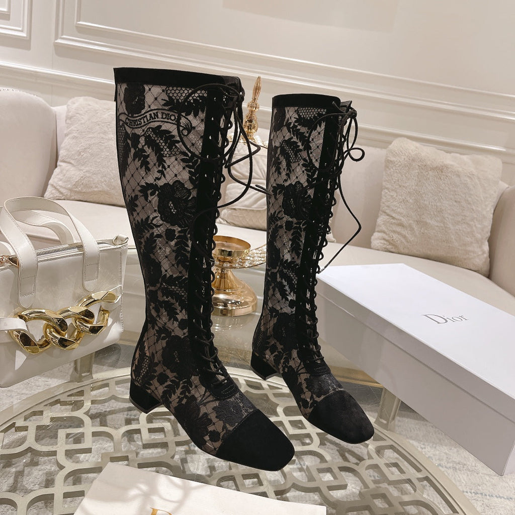DIOR NAUGHTILY-D BOOT BLACK TRANSPARENT MESH AND SUEDE EMBROIDERED WITH ROSES MOTIF 35 MM