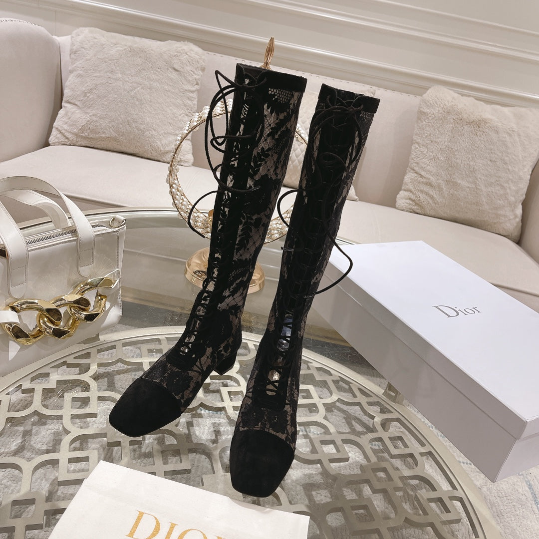 DIOR NAUGHTILY-D BOOT BLACK TRANSPARENT MESH AND SUEDE EMBROIDERED WITH ROSES MOTIF 35 MM