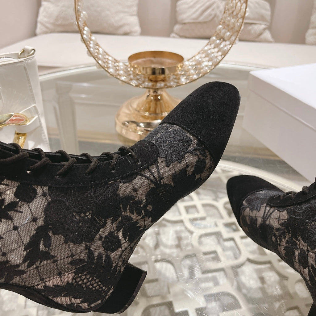 DIOR NAUGHTILY-D BOOT BLACK TRANSPARENT MESH AND SUEDE EMBROIDERED WITH ROSES MOTIF 35 MM