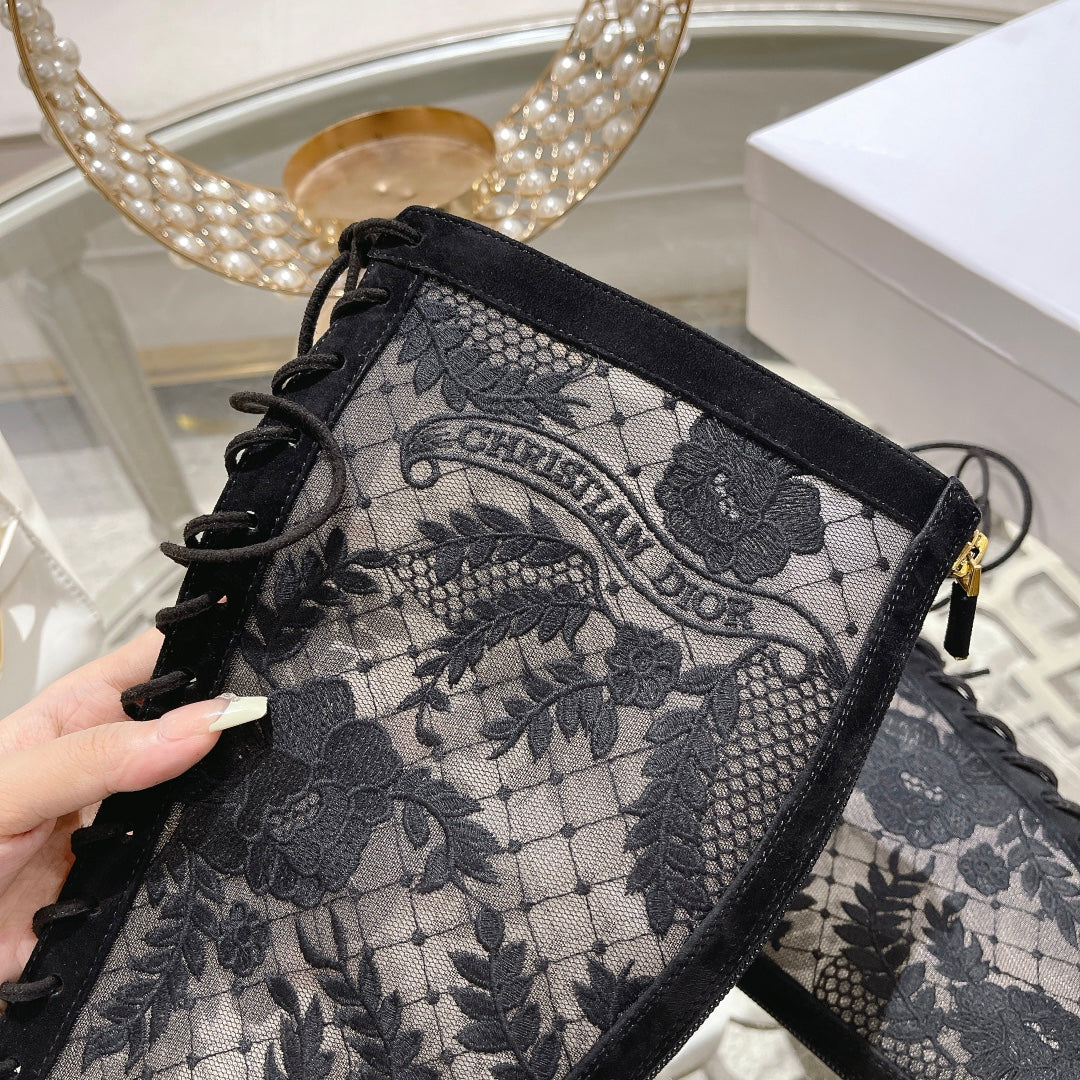 DIOR NAUGHTILY-D BOOT BLACK TRANSPARENT MESH AND SUEDE EMBROIDERED WITH ROSES MOTIF 35 MM