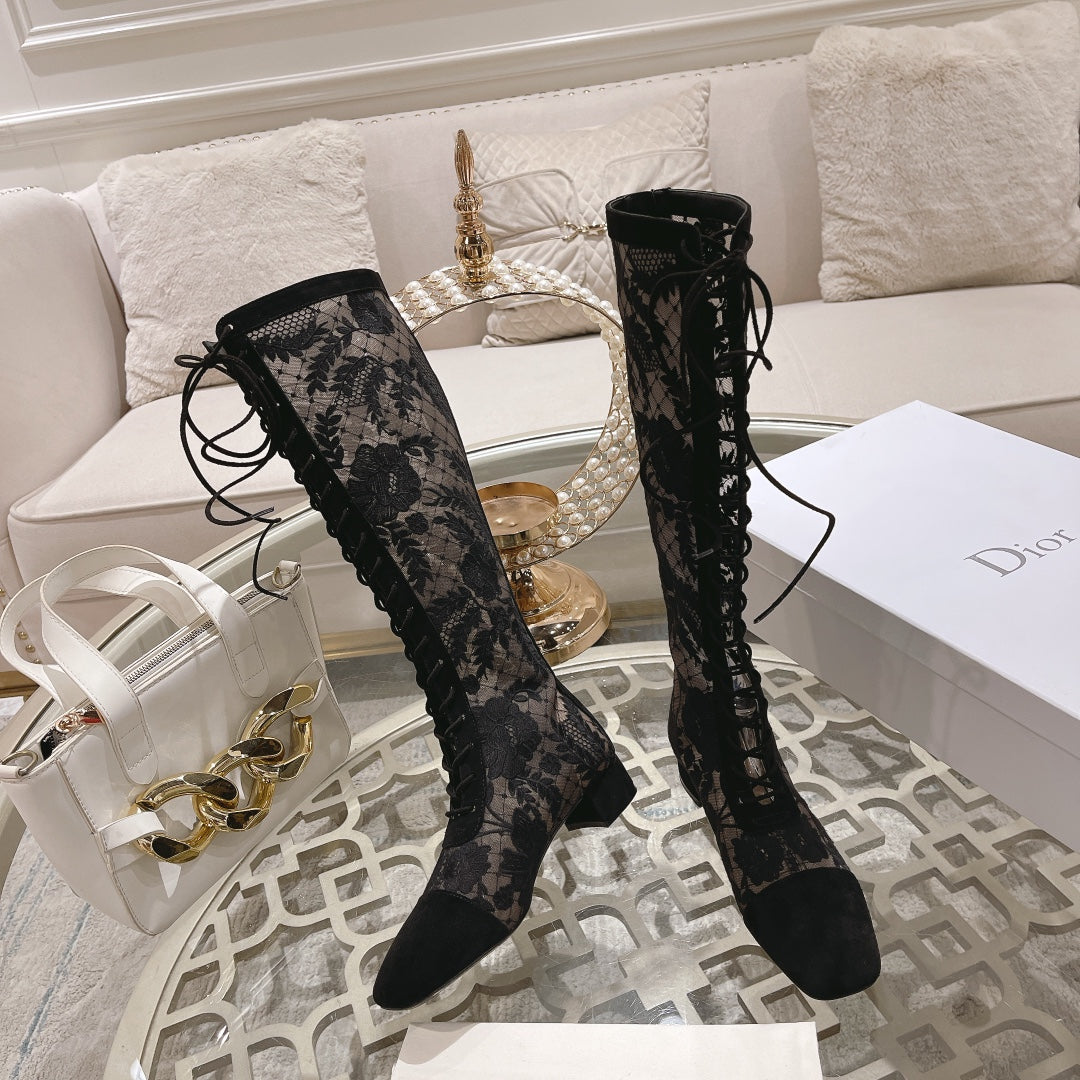 DIOR NAUGHTILY-D BOOT BLACK TRANSPARENT MESH AND SUEDE EMBROIDERED WITH ROSES MOTIF 35 MM