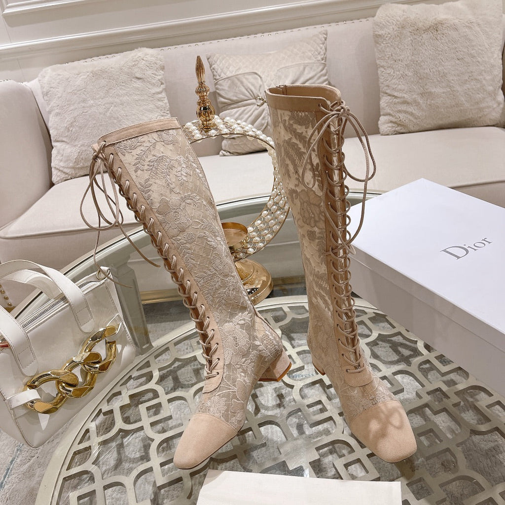 DIOR NAUGHTILY-D BOOT NUDE BEIGE TRANSPARENT MESH AND SUEDE EMBROIDERED WITH ROSES MOTIF 35 MM