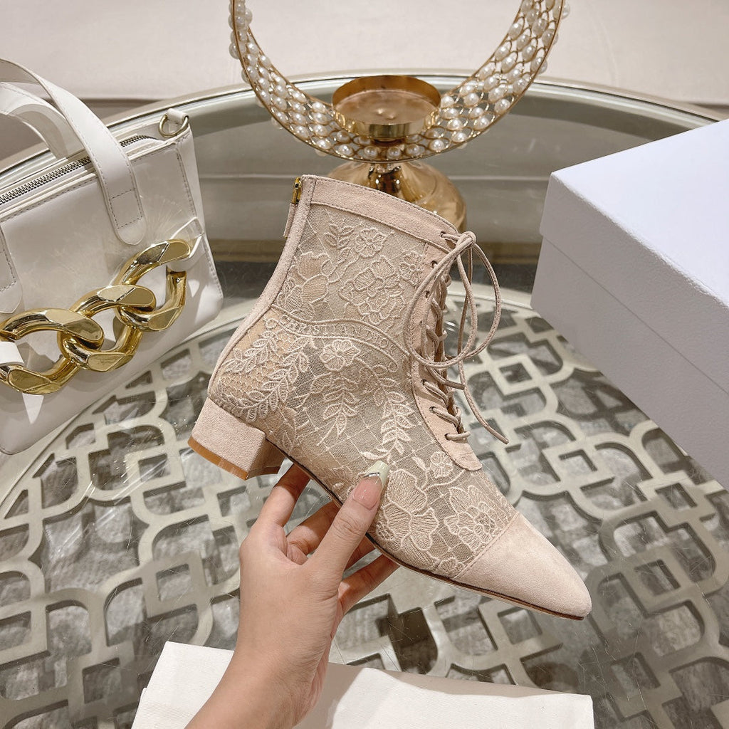 DIOR NAUGHTILY-D ANKLE BOOT NUDE BEIGE TRANSPARENT MESH AND SUEDE EMBROIDERED WITH ROSES MOTIF 35 MM